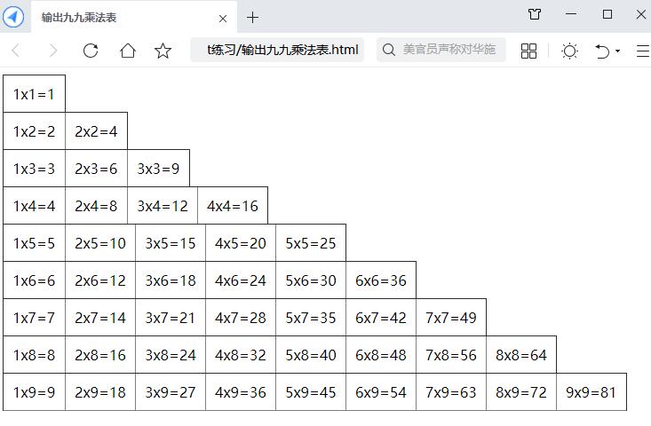 Js在页面输出九九乘法表，加边框